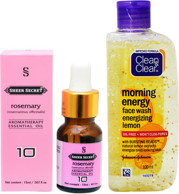 

SHEER SECRET AROMATHERAPY ROSEMARY ESSENTIAL OIL 15ML with CLEAN & CLEAR MORNING ENERGY LEMON FACEWASH 100ML(Set of 2)