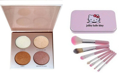 

jollity High Quality Hello Kitty Pink Make Up Brush pack of 7 And Miss Rose make Up Glow Kit Of 4 Different Shades(Set of 2)