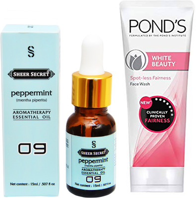

SHEER SECRET AROMATHERAPY PEPPERMINT ESSENTIAL OIL 15ML with POND'S WHITE BEAUTY FACEWASH 100ML(Set of 2)