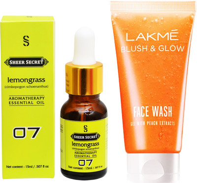 

SHEER SECRET AROMATHERAPY LEMONGRASS ESSENTIAL OIL 15ML with BLUSH & GLOW PEACH GEL FACEWASH 100ML(Set of 2)