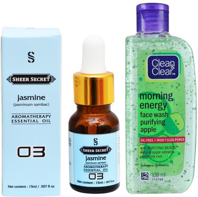 

SHEER SECRET AROMATHERAPY JASMINE ESSENTIAL OIL 15ML with CLEAN & CLEAR MORNING ENERGY APPLE FACEWASH 100ML(Set of 2)