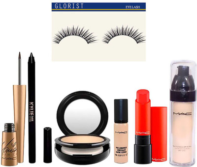 

glorist eyelash and M.A.C Eyeliner, Compact, Pro Longwear Concealer, Liptensity Orange Lipstick, Skin Foundation, Kajal(Set of 7)