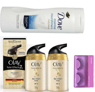 

Ultimate Eyelashes, Olay Total Effects 7 In One Day Cream Normal Spf 24 & Dove Essential nourishment Body Lotion(Set of 4)