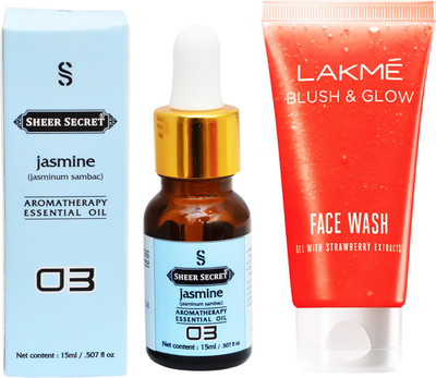 

SHEER SECRET AROMATHERAPY JASMINE ESSENTIAL OIL 15ML with BLUSH & GLOW STRAWBERRY GEL FACEWASH 100ML(Set of 2)