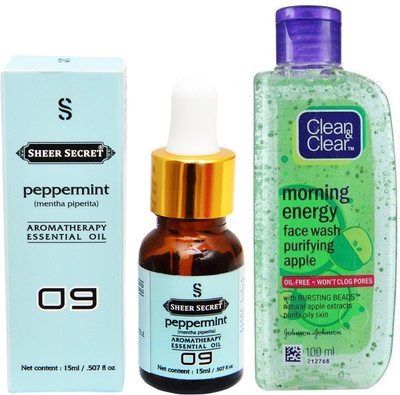 

SHEER SECRET AROMATHERAPY PEPPERMINT ESSENTIAL OIL 15ML with CLEAN & CLEAR MORNING ENERGY APPLE FACEWASH 100ML(Set of 2)