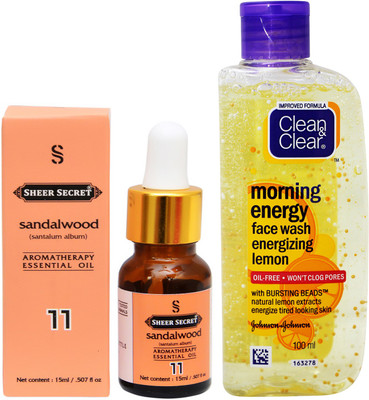 

SHEER SECRET AROMATHERAPY SANDALWOOD ESSENTIAL OIL 15ML with CLEAN & CLEAR MORNING ENERGY LEMON FACEWASH 100ML(Set of 2)