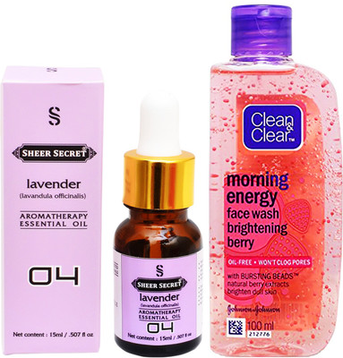 

SHEER SECRET AROMATHERAPY LAVENDER ESSENTIAL OIL 15ML with CLEAN & CLEAR MORNING ENERGY BERRY FACEWASH 100ML(Set of 2)