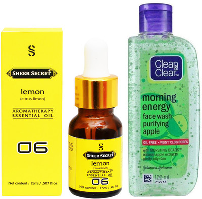 

SHEER SECRET AROMATHERAPY LEMON ESSENTIAL OIL 15ML with MORNING ENERGY APPLE FACEWASH 100ML(Set of 2)