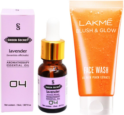 

SHEER SECRET AROMATHERAPY LAVENDER ESSENTIAL OIL 15ML with LAKME BLUSH & GLOW PEACH GEL FACEWASH 100ML(Set of 2)