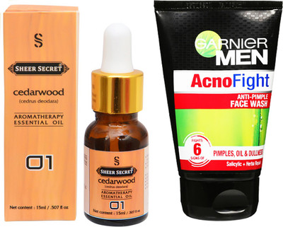 

SHEER SECRET AROMATHERAPY CEDARWOOD ESSENTIAL OIL 15ML with GARNIER MEN'S ACNO FIGHT FACEWASH 100ML(Set of 2)