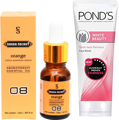 

SHEER SECRET AROMATHERAPY ORANGE ESSENTIAL OIL 15ML with POND'S WHITE BEAUTY FACEWASH 100ML(Set of 2)