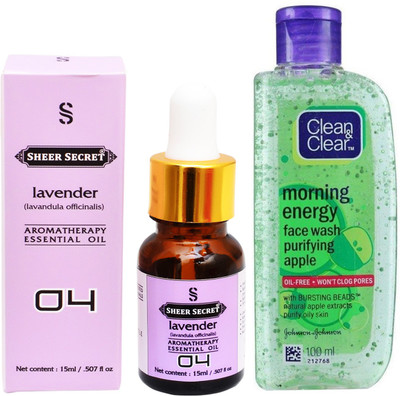 

SHEER SECRET AROMATHERAPY LAVENDER ESSENTIAL OIL 15ML with CLEAN & CLEAR MORNING ENERGY APPLE FACEWASH 100ML(Set of 2)