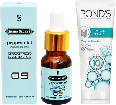 

SHEER SECRET AROMATHERAPY PEPPERMINT ESSENTIAL OIL 15ML with POND'S PIMPLE CLEAR FACEWASH 100ML(Set of 2)