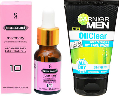 

SHEER SECRET AROMATHERAPY ROSEMARY ESSENTIAL OIL 15ML with MEN'S OIL CLEAR FACEWASH 100ML(Set of 2)