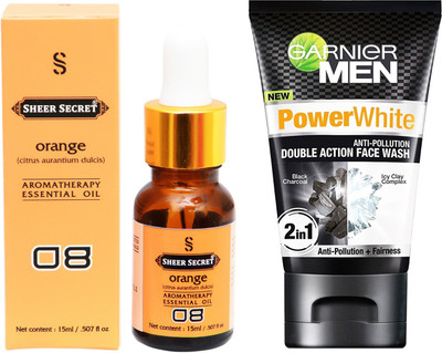 

SHEER SECRET AROMATHERAPY ORANGE ESSENTIAL OIL 15ML with GARNIER MEN'S DOUBLE ACTION FACEWASH 100ML(Set of 2)