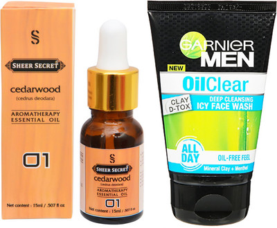 

SHEER SECRET AROMATHERAPY CEDARWOOD ESSENTIAL OIL 15ML with GARNIER MEN'S OIL CLEAR FACEWASH 100ML(Set of 2)