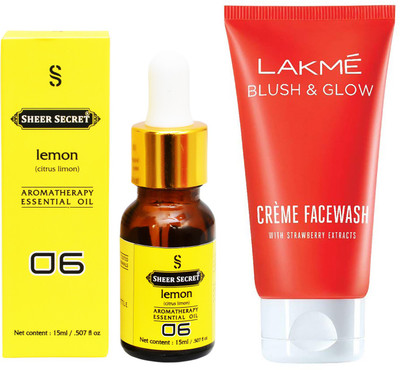 

SHEER SECRET AROMATHERAPY LEMON ESSENTIAL OIL 15ML with BLUSH & GLOW STRAWBERRY CREME FACEWASH 100ML(Set of 2)