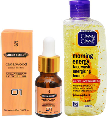 

SHEER SECRET AROMATHERAPY CEDARWOOD ESSENTIAL OIL 15ML with CLEAN & CLEAR MORNING ENERGY LEMON FACEWASH 100ML(Set of 2)