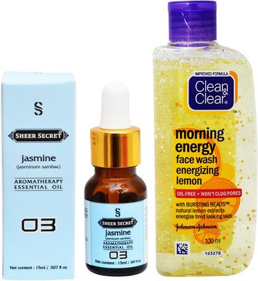 

SHEER SECRET AROMATHERAPY JASMINE ESSENTIAL OIL 15ML with CLEAN & CLEAR MORNING ENERGY LEMON FACEWASH 100ML(Set of 2)