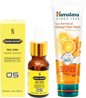 

SHEER SECRET AROMATHERAPY TEA TREE ESSENTIAL OIL 15ML with HIMALAYA TAN REMOVAL ORANGE FACEWASH 100ML(Set of 2)