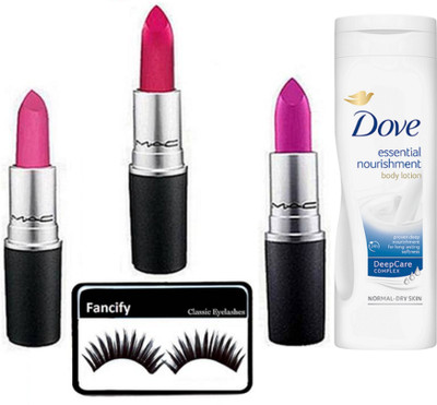 

Fancify combo Eyelashes,Mac Matte Finish Lipstick(pack of 3) & Dove Essential Nourishment Body lotion(set of 5)(Set of 5)