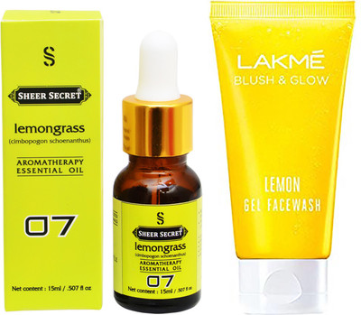 

SHEER SECRET AROMATHERAPY LEMONGRASS ESSENTIAL OIL 15ML with LAKME BLUSH & GLOW LEMON GEL FACEWASH 100ML(Set of 2)