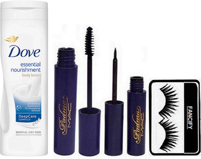 fancify combo Eyelashes,Mac Padma Liquid Eyeliner,Mascara,Dove Essential Nourishment Body lotion(set of 4)(Set of 4)
