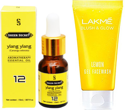 

SHEER SECRET AROMATHERAPY YLANG YLANG ESSENTIAL OIL 15ML with LAKME BLUSH & GLOW LEMON GEL FACEWASH 100ML(Set of 2)