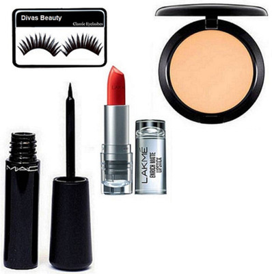 

divas beauty Eyelashes, Mac, Studio fix compact, Waterproof Eyeliner, 9to5 Enrich Matte Lipstick(Set of 4)