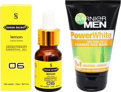 SHEER SECRET AROMATHERAPY LEMON ESSENTIAL OIL 15ML with GARNIER MEN'S POWER WHITE FACEWASH 100ML(Set of 2)