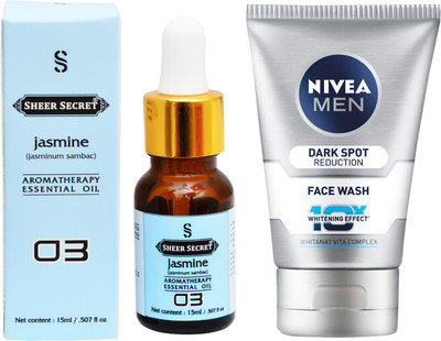 

SHEER SECRET AROMATHERAPY JASMINE ESSENTIAL OIL 15ML with NIVEA DARK SPOT REDUCTION FACEWASH 100ML(Set of 2)