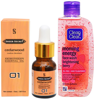 

SHEER SECRET AROMATHERAPY CEDARWOOD ESSENTIAL OIL 15ML with CLEAN & CLEAR MORNING ENERGY BERRY FACEWASH 100ML(Set of 2)