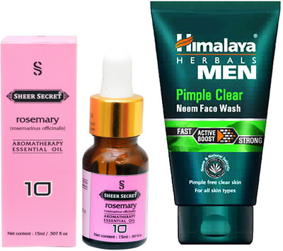 

SHEER SECRET AROMATHERAPY ROSEMARY ESSENTIAL OIL 15ML with HIMALAYA MEN'S PIMPLE CLEAR FACEWASH 100ML(Set of 2)
