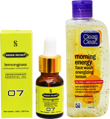

SHEER SECRET AROMATHERAPY LEMONGRASS ESSENTIAL OIL 15ML with MORNING ENERGY LEMON FACEWASH 100ML(Set of 2)