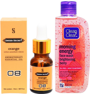 

SHEER SECRET AROMATHERAPY ORANGE ESSENTIAL OIL 15ML with CLEAN & CLEAR MORNING ENERGY BERRY FACEWASH 100ML(Set of 2)