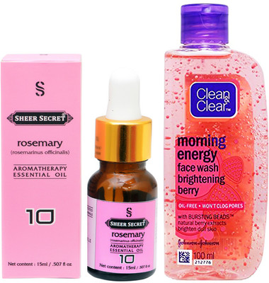 

SHEER SECRET AROMATHERAPY ROSEMARY ESSENTIAL OIL 15ML with CLEAN & CLEAR MORNING ENERGY BERRY FACEWASH 100ML(Set of 2)