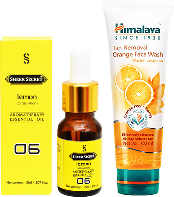 

SHEER SECRET AROMATHERAPY LEMON ESSENTIAL OIL 15ML with HIMALAYA TAN REMOVAL ORANGE FACEWASH 100ML(Set of 2)