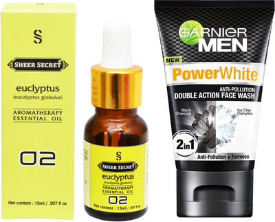 

SHEER SECRET AROMATHERAPY EUCLYPTUS ESSENTIAL OIL 15ML with GARNIER MEN'S DOUBLE ACTION FACEWASH 100ML(Set of 2)