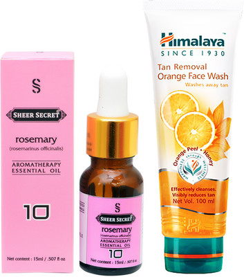 

SHEER SECRET AROMATHERAPY ROSEMARY ESSENTIAL OIL 15ML with HIMALAYA TAN REMOVAL ORANGE FACEWASH 100ML(Set of 2)