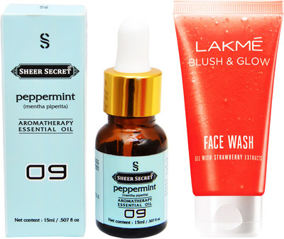 

SHEER SECRET AROMATHERAPY PEPPERMINT ESSENTIAL OIL 15ML with BLUSH & GLOW STRAWBERRY GEL FACEWASH 100ML(Set of 2)