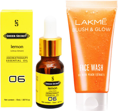 

SHEER SECRET AROMATHERAPY LEMON ESSENTIAL OIL 15ML with LAKME BLUSH & GLOW PEACH GEL FACEWASH 100ML(Set of 2)