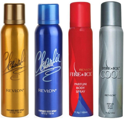 

Revlon 1 CHARLIE GOLD DEODORANT 150 ML+1 CHARLIE BLUE DEODORANT 150 ML+1 FIRE & ICE COOL DEODORANT 150 ML+1 FIRE & ICE DEODORANT 100 ML Deodorant Spray - For Men & Women(150 ml, Pack of 4)