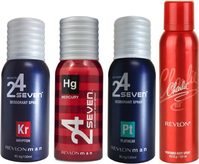 

Revlon 1 CHARLIE RED DEODORANT 150 ML+1 24 SEVEN KRYPTON DEODORANT 130 ML+ 1 24 SEVEN MERCURY DEODORANT 130 ML+1 24 SEVEN PLATINUM DEODORANT 130 ML Deodorant Spray - For Men & Women(130 ml, Pack of 4)