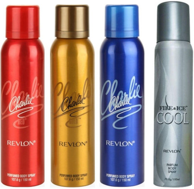 

Revlon 1 CHARLIE RED DEODORANT 150 ML+ 1 CHARLIE GOLD DEODORANT 150 ML+1 BLUE DEODORANT 150 ML+1 FIRE & ICE COOL DEODORANT 100 ML Deodorant Spray - For Men & Women(150 ml, Pack of 4)