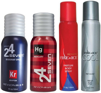 

Revlon 1 FIRE & ICE COOL DEODORANT 100 ML+ 1 FIRE & ICE DEODORANT 100 ML+1 24 SEVEN KRYPTON DEODORANT 130 ML+1 24 SEVEN MERCURY DEODORANT 130 ML Deodorant Spray - For Men & Women(130 ml, Pack of 4)