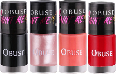 

Obuse Paint Me Non-Toxic Long Lasting Premium Nail Paint Vegan Iconic Black, Pretty Pink, Sinful Nude, Naughty Red(Pack of 4)