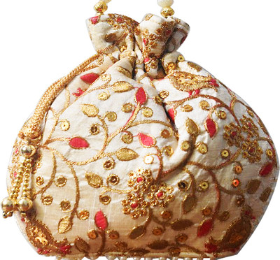 

AyA Fashion Designer Royal Ethnic Red Clutch Silk Potli Batwa Bag with Beads Work|Hand embrodired Design|Rajasthani Potli(Red)