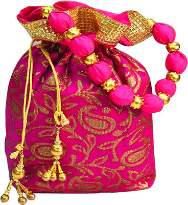 

AyA Fashion Royal Ethnic Clutch Silk Potli Batwa Wallet Bag with Beads Work |Suitable for Women |Hand Weaved Banarasi Design Potli(Pink)
