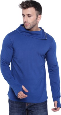 Gritstones Solid Men Turtle Neck Blue T-Shirt