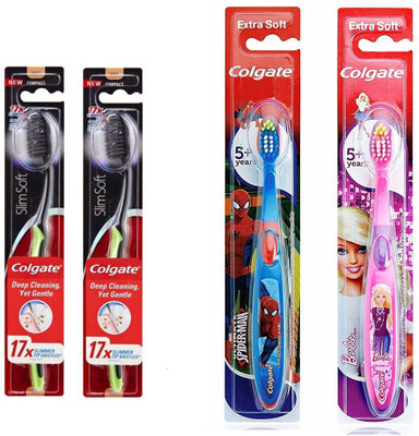 

Colgate Black Charcoal Sensitive Soft Superior Gentle Cleaning 2pc And Kids Role Model Spiderman & Barbie (Each 1) Toothbrushes Complete Family Pack Ultra Soft Toothbrush(Pack of 4)